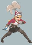  absurdres agrias_oaks blonde_hair boots braid fgz final_fantasy final_fantasy_tactics gloves helmet highres long_hair long_sleeves open_mouth pleated_skirt rapier skirt solo sword thigh_boots thighhighs vest weapon yellow_eyes 