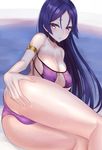  armlet ass bangs bare_arms bare_legs bare_shoulders bikini blush breasts choker cleavage collarbone ero_waifu eyelashes eyepatch_bikini fate/grand_order fate_(series) fingernails from_behind hand_on_own_ass large_breasts legs_together long_hair looking_at_viewer looking_back lying minamoto_no_raikou_(fate/grand_order) minamoto_no_raikou_(swimsuit_lancer)_(fate) on_side parted_bangs parted_lips purple_bikini purple_eyes purple_hair smile solo strapless strapless_bikini string_bikini sweat swimsuit teeth very_long_hair 