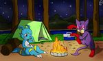  2017 campfire camping cat claws cute detailed_background digimon dragon feline fur giramon green_eyes guilmon hi_res hybrid kazmaru31 lizard male mammal night nintendo pok&eacute;mon purple_fur purrloin red_eyes reptile scalie smile sven_(character) sven_the_giramon tent toe_claws vee4eva video_games 