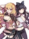  alternate_costume artist_name belt black_hair blake_belladonna blonde_hair bow breasts cleavage cleavage_cutout commentary_request ecru fingerless_gloves garter_straps gloves hair_bow jewelry large_breasts locked_arms medium_breasts multiple_girls navel necklace open_clothes open_shirt purple_eyes rwby shirt yang_xiao_long yellow_eyes 