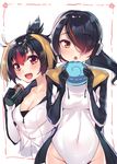  :d black_hair breasts can chestnut_mouth cleavage commentary_request covered_navel eating emperor_penguin_(kemono_friends) food holding holding_can holding_food hood hoodie japari_bun japari_symbol kemono_friends large_breasts multicolored_hair multiple_girls open_mouth orange_eyes red_eyes rockhopper_penguin_(kemono_friends) smile streaked_hair yaguo zipper 