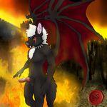  2017 absurd_res animal_genitalia animal_penis anthro black_fur canine canine_penis cum cum_drip detailed_background dripping erection fellowolf fire fur hi_res hi_rez invalid_color invalid_tag male mammal nude penis red_eyes scar solo wings wolf 