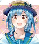  :d anchor_symbol blue_hair blush bow braid brown_eyes constellation crescent crescent_earrings earrings eyebrows_visible_through_hair hair_bow hair_ornament hairclip hat hat_bow iwai_minato jewelry light_bulb looking_at_viewer necklace open_mouth original school_uniform serafuku short_hair side_braid signature single_braid smile space_print star star_earrings star_hair_ornament starry_sky_print straw_hat striped striped_bow tanabata upper_body 