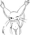  belly big_ears black_and_white black_nose cat clothing digimon ear_tuft fangs feline female flat_chested gatomon gloves imago6 long_tail mammal monochrome navel nipples one_eye_closed open_mouth pussy simple_background sketch solo tuft whiskers white_background wink 