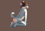  2017 anthro blue_fur bottomless brown_hair butt canine clothed clothing digital_media_(artwork) dog fur green_eyes hair looking_at_viewer male mammal simple_background skymafia smile soap soapy solo tongue wet white_fur young 