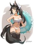  alternate_costume animal_ears azur_lane bandeau bangs bikini black_hair black_legwear bow breasts dated fox_ears fox_tail hair_bow hair_flaps hand_on_hip highres innertube large_breasts long_hair ponytail side-tie_bikini sketch solo strapless swimsuit tail takao_(azur_lane) thighhighs very_long_hair white_bikini white_bow xiaohan6th 