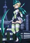  akatsuki_kirika blonde_hair blurry blurry_background blush boots breasts building city closed_mouth commentary_request covered_navel depth_of_field elbow_gloves eyebrows_visible_through_hair full_body gloves green_eyes green_legwear hair_between_eyes headgear highres holding holding_weapon looking_at_viewer medium_breasts narayu night night_sky outdoors rooftop scythe senki_zesshou_symphogear shiny shiny_hair short_hair skirt sky skyscraper smile solo spire standing star_(sky) striped striped_legwear thighhighs tokyo_sky_tree tree weapon zettai_ryouiki 