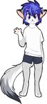  2016 alternate_version_available anthro aoi_(slovenskiy) blue_hair canine cat clothed clothing cute feline fizzy-dog fur grey_fur hair hybrid looking_at_viewer male mammal midriff purple_eyes shorts simple_background slovenskiy smile solo standing waving white_background white_fur wolf 