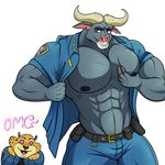  &lt;3 2017 abs anthro belt benjamin_clawhauser biceps big_muscles black_nipples black_nose bovine brown_eyes buffalo cheetah chief_bogo clothed clothing disney duo feline fur grey_fur hand_on_chest horn huge_muscles male mammal muscular nipples open_mouth open_shirt pants pec_grasp pecs police shirt smile standing teeth the_purple_wolf_guy tongue uniform white_fur yellow_fur zootopia 