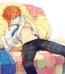  adonis_belt akehoshi_subaru bed blazer blue_eyes cellphone ensemble_stars! jacket keychain male_focus navel necktie open_clothes open_shirt orange_hair pants phone pillow plaid plaid_pants school_uniform shirt short_hair simple_background sitting smartphone spread_legs sukja toned toned_male white_background yumenosaki_school_uniform 