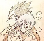  1boy 2girls :o =3 baby baby_carry black_eyes black_hair bra_(dragon_ball) bulma clenched_hands dragon_ball dragon_ball_z earrings eyebrows_visible_through_hair family father_and_daughter frown gloves hand_on_another's_shoulder jewelry looking_at_another monochrome mother_and_daughter multiple_girls open_mouth ponytail short_hair simple_background sleeping speech_bubble spiked_hair tied_hair tkgsize vegeta 