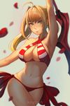  aestus_estus armpits bikini breasts criss-cross_halter earrings fate/grand_order fate_(series) green_eyes halterneck holding holding_sword holding_weapon jewelry koyorin long_hair looking_at_viewer navel nero_claudius_(fate)_(all) nero_claudius_(swimsuit_caster)_(fate) petals smile solo striped striped_bikini swimsuit sword twintails weapon 