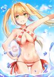  ball beachball bikini blonde_hair blush breasts cleavage criss-cross_halter day earrings fate/grand_order fate_(series) green_eyes grin halterneck highres jewelry konka long_hair looking_at_viewer medium_breasts navel nero_claudius_(fate)_(all) nero_claudius_(swimsuit_caster)_(fate) ocean outdoors smile solo swimsuit teeth twintails wading 