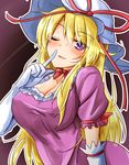  bangs blonde_hair blush breasts cleavage covered_nipples dress elbow_gloves eyebrows_visible_through_hair finger_to_mouth gloves hair_between_eyes hat hat_ribbon highres large_breasts long_hair looking_at_viewer mob_cap one_eye_closed open_mouth oshiaki purple_dress purple_eyes red_ribbon ribbon short_sleeves sidelocks smile solo touhou upper_body white_gloves yakumo_yukari 