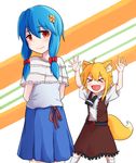  &gt;_&lt; animal_ears arms_up blue_hair blush bow closed_eyes closed_mouth cookie_(touhou) eyebrows_visible_through_hair facing_another fang flower fox_ears fox_tail hair_bow hair_flower hair_ornament highres long_hair looking_at_viewer miramikaru_miran miramikaru_riran multiple_girls open_mouth red_bow red_eyes smile tail thighhighs touhou white_legwear yan_pai 