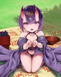  ass_visible_through_thighs blanket blush bowl collarbone eyebrows_visible_through_hair fate/grand_order fate_(series) food fruit fujimaru_ritsuka_(female) grapes graphite_(medium) horns looking_at_viewer navel oni open_mouth purple_eyes purple_hair riyo_(lyomsnpmp)_(style) seiza shiunnkaku short_hair shuten_douji_(fate/grand_order) sitting smile solo traditional_media 