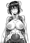  1girl :d absurdres areolae blush bow breasts breasts_outside cameltoe cape covered_navel double_bun fate/grand_order fate_(series) gggg greyscale highres looking_at_viewer monochrome open_mouth qin_liangyu_(fate) simple_background smile solo white_background 