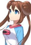  blue_eyes breasts brown_hair collarbone commentary_request double_bun hair_bun long_hair long_sleeves looking_up medium_breasts mei_(pokemon) pokemon pokemon_(game) pokemon_bw2 shirt simple_background solo tied_hair twintails upper_body white_background white_shirt yuihiko 