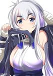  2017 bandages blue_eyes blue_headband blush breasts clothes_in_mouth cropped_jacket dated folded_ponytail headband_removed holding_clothes kamoi_(kantai_collection) kantai_collection kuroame_(kurinohana) large_breasts long_hair looking_at_viewer sideboob silver_hair simple_background sketch solo thick_eyebrows upper_body white_background 