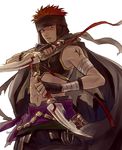  abs akke artist_name bandages cape dagger dark_skin dark_skinned_male fingerless_gloves fire_emblem fire_emblem:_rekka_no_ken fire_emblem_heroes gloves jaffar_(fire_emblem) male_focus midriff navel red_eyes red_hair simple_background solo tattoo teeth torn_clothes turban upper_body weapon white_background 