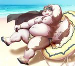  anthro beach belly bulge canine clothing horkeukamui iittkkinfinity male mammal overweight overweight_male seaside sitting solo swimsuit tokyo_afterschool_summoners wolf 