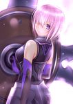  absurdres blush breasts eyebrows_visible_through_hair fate/grand_order fate_(series) gu_li hair_over_one_eye highres holding_shield large_breasts looking_at_viewer mash_kyrielight parted_lips purple_eyes purple_hair shield short_hair sleeveless solo 