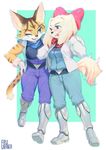  2017 anthro aruurara blue_eyes canine clothed clothing dog duo ear_piercing eye_contact fay_spaniel feline female fully_clothed hi_res lynx mammal miyu_lynx nintendo one_eye_closed piercing simple_background star_fox video_games wink 