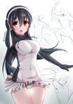  8000 black_hair breasts commentary_request covered_navel crossover gentoo_penguin_(kemono_friends) hand_on_headphones kemono_friends kenzen_robo_daimidaler long_hair medium_breasts penguin_tail red_eyes signature skirt skirt_lift tail twitter_username very_long_hair wind wind_lift 