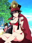  1girl ;) beach bikini black_hair bracelet breasts brother_and_sister cape day family_crest fate/grand_order fate_(series) hat indian_style jewelry koha-ace long_hair looking_at_viewer medium_breasts necklace oda_nobukatsu_(fate/grand_order) oda_nobunaga_(fate) oda_uri one_eye_closed open_mouth outdoors peaked_cap ponytail red_bikini red_eyes siblings sidelocks sitting smile stealth_oki swimsuit very_long_hair wavy_mouth 