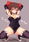  armpits arms_behind_head black_gloves black_legwear blush_stickers bow breasts brown_hair bunny_tail check_commentary cleavage commentary commentary_request cookie_(touhou) covered_nipples detached_collar gloves hair_bow hair_tubes hakurei_reimu heart heart-shaped_pupils large_breasts leotard looking_at_viewer playboy_bunny_leotard po_(seiga67696379) red_bow red_eyes reu shoes solo squatting sweat symbol-shaped_pupils tail thighhighs touhou white_footwear 