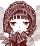  bangs blunt_bangs closed_mouth commentary_request english gloves hatoda_ako hayanye holding hood light_smile looking_at_viewer mahou_shoujo_ikusei_keikaku_unmarked monochrome short_hair smile solo upper_body 