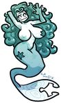  2016 5_fingers aliasing big_breasts biped blue_nipples blue_theme bottomless breasts clothed clothing cool_colors curly_hair cyan_hair cyan_theme digital_drawing_(artwork) digital_media_(artwork) erect_nipples eyelashes featureless_crotch female front_view fukmin-dx full-length_portrait gesture green_eyes hair hand_behind_head huge_breasts humanoid humanoid_hands light_skin long_hair looking_away low_res marine merfolk nipples noseless one_breast_out partially_clothed portrait pose pseudo_clothing pubic_mound restricted_palette reverse_vulcan_salute scales signature simple_background slit_pupils smile solo starfish starfish_bra swimming tailfin voluptuous vulcan_salute waving white_background 