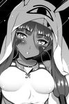  blush commentary_request dark_skin earrings facial_mark fate/grand_order fate_(series) greyscale hoop_earrings hyouju_issei jewelry looking_at_viewer medjed monochrome necklace nitocris_(fate/grand_order) nitocris_(swimsuit_assassin)_(fate) swimsuit upper_body 