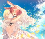  1girl animal_ears arms_around_neck bangs blonde_hair breasts bunny_ears calm_mashiro carrying cleavage closed_eyes cloud confetti couple day dress elf formal gloves green_eyes groom hetero hound_(sekaiju) jewelry legs long_hair looking_at_another medium_breasts necklace one_eye_closed open_mouth pink_hair pointy_ears princess_carry sekaiju_no_meikyuu sekaiju_no_meikyuu_5 shoes short_hair sky smile suit veil warlock_(sekaiju) wedding wedding_dress white_dress white_footwear white_gloves white_suit 