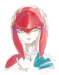  face fish_girl hair_ornament jewelry looking_at_viewer mipha necklace no_nose portrait sakurai_muto signature simple_background solo the_legend_of_zelda the_legend_of_zelda:_breath_of_the_wild white_background yellow_eyes zora 