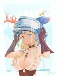  azur_lane bird black_gloves blonde_hair blue_eyes breasts choker coral covered_nipples diving_mask dripping gloves hair_over_shoulder highres hood_(azur_lane) large_breasts long_hair looking_up low_ponytail one-piece_swimsuit ponytail rubber_gloves seagull see-through solo swimsuit upper_body water wet wet_clothes yueguang_zhanglang 