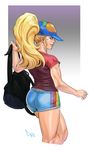 alternate_hairstyle ass backpack bag baseball_cap blonde_hair blue_eyes casual cropped_legs diepod from_behind hat highres lips long_hair ponytail rainbow_mika shirt short_shorts shorts solo street_fighter street_fighter_v t-shirt toned very_long_hair 