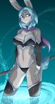  2014 anthro aria_(buried_frog) armwear big_breasts blue_hair breasts buried_frog clothed clothing detached_sleeves female grey_skin hair hi_res kemono lagomorph mammal navel purple_eyes rabbit skimpy solo standing 