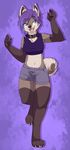  2017 anthro breasts brown_fur canine clothed clothing collar dog female fizzy-dog fur green_eyes hair mammal midriff purple_hair shirt shorts slovenskiy smile solo standing tan_fur tank_top 