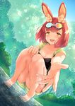  animal_ears bangs barefoot breasts bunny_ears calm_mashiro cleavage day dutch_angle goggles goggles_on_head hound_(sekaiju) legs medium_breasts open_mouth outdoors outstretched_arm pink_hair river sekaiju_no_meikyuu sekaiju_no_meikyuu_5 short_hair shorts smile solo squatting strapless tiptoes tubetop vest water wet yellow_eyes 