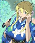  ahoge alternate_costume artoria_pendragon_(all) artoria_pendragon_(lancer) blonde_hair blush breasts commentary_request fate/grand_order fate_(series) flower green_eyes hair_between_eyes hair_flower hair_ornament highres japanese_clothes kimono large_breasts looking_at_viewer obi oriental_umbrella parted_lips sash sidelocks smile solo takara_joney umbrella upper_body wide_sleeves 