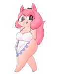  anthro apron bow bra breasts cat clothed clothing cute fangs feline female fur hair hands_behind_back mammal pink_fur pink_hair pink_tail simple_background smile solo steamy-totem sugar_(gats) underwear white_background 