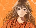  bangs brown_eyes brown_hair close-up commentary_request dress face light_smile long_hair looking_at_viewer orange_background orange_dress original parted_lips sakimori_(hououbds) smile solo 
