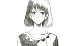  bangs blush bob_cut close-up closed_mouth collarbone commentary_request dress greyscale looking_at_viewer monochrome original sakimori_(hououbds) short_hair simple_background solo white_background 