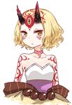  :/ alternate_hair_length alternate_hairstyle bare_shoulders blonde_hair collarbone commentary_request facial_mark fate/grand_order fate_(series) frown horns i.u.y ibaraki_douji_(fate/grand_order) japanese_clothes looking_at_viewer oni oni_horns short_hair simple_background solo tattoo white_background yellow_eyes 
