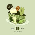 baumkuchen crepe food fox green green_background hands_on_own_stomach macaron nadia_kim no_humans plate sitting 