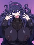  :d :p @_@ ahoge breasts commentary_request covered_nipples eyebrows_visible_through_hair freckles hairband hex_maniac_(pokemon) highres huge_breasts impossible_clothes impossible_sweater long_hair looking_at_viewer muimui nail_polish open_mouth pokemon pokemon_(game) pokemon_xy purple_background purple_eyes purple_hair purple_hairband purple_nails ribbed_sweater see-through shiny shiny_hair simple_background smile solo sweater teeth tongue tongue_out upper_body very_long_hair 