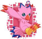  avian beak bird biyomon blue_eyes claws collar digimon feathers female pink_skin sarah_richford simple_background solo white_background wings 