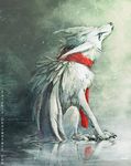  ambiguous_gender black_nose canine claws feathers feral fur hybrid mammal scarf sitting solo tatchit white_feathers white_fur wolf 