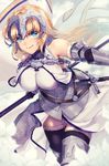  armor armored_boots armored_dress banner black_legwear blonde_hair blue_eyes boots breasts breasts_apart eyebrows_visible_through_hair fate/apocrypha fate_(series) floating_hair highres holding holding_weapon jeanne_d'arc_(fate) jeanne_d'arc_(fate)_(all) large_breasts leaning_forward long_hair peta_(snc7) smile solo sword thighhighs very_long_hair weapon 